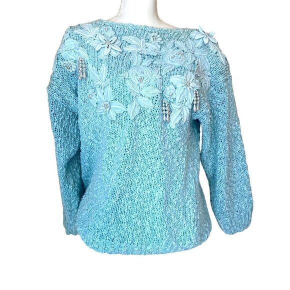 Vintage 80’s  Knit Sweater Bonnie & Bill Pearl Embellished  Sz Medium - Picture 1 of 5